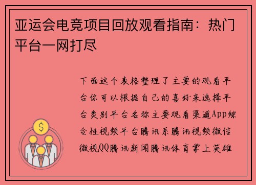 亚运会电竞项目回放观看指南：热门平台一网打尽